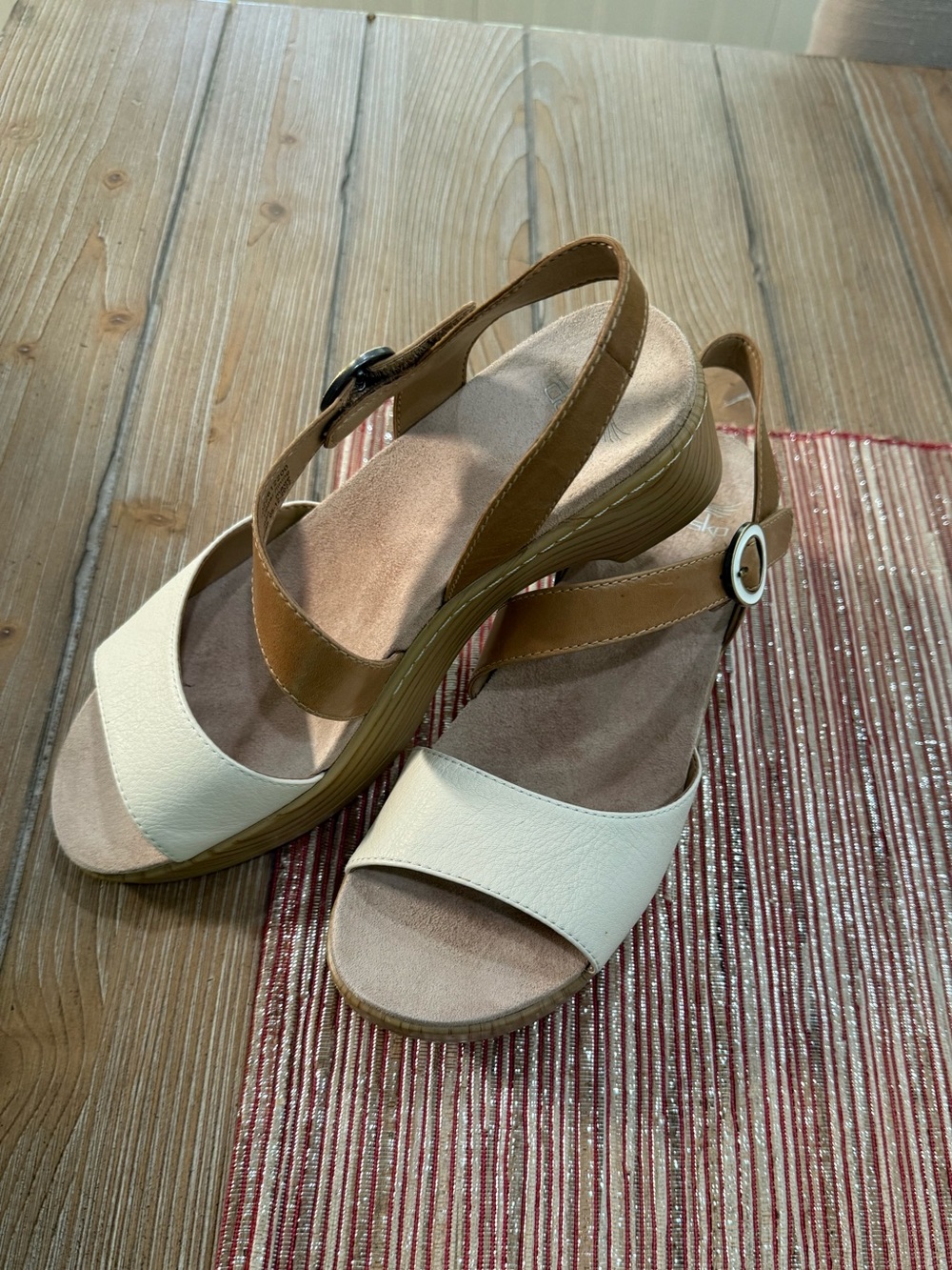 Dansko Marjorie Platform Two-Tone Slingback Sandals in Cream and Tan Leather - Picture 2 of 6
